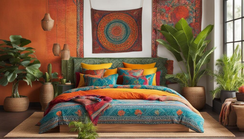 Ethnic Patterned Bedding in a Jungalow Bedroom