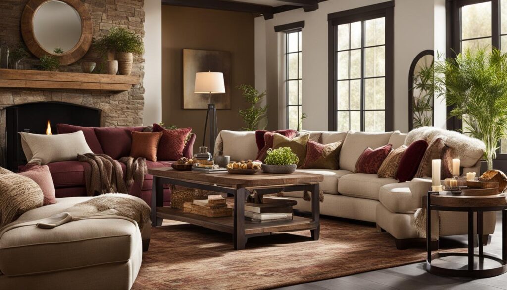 Hygge living room with plush sofa and armchairs