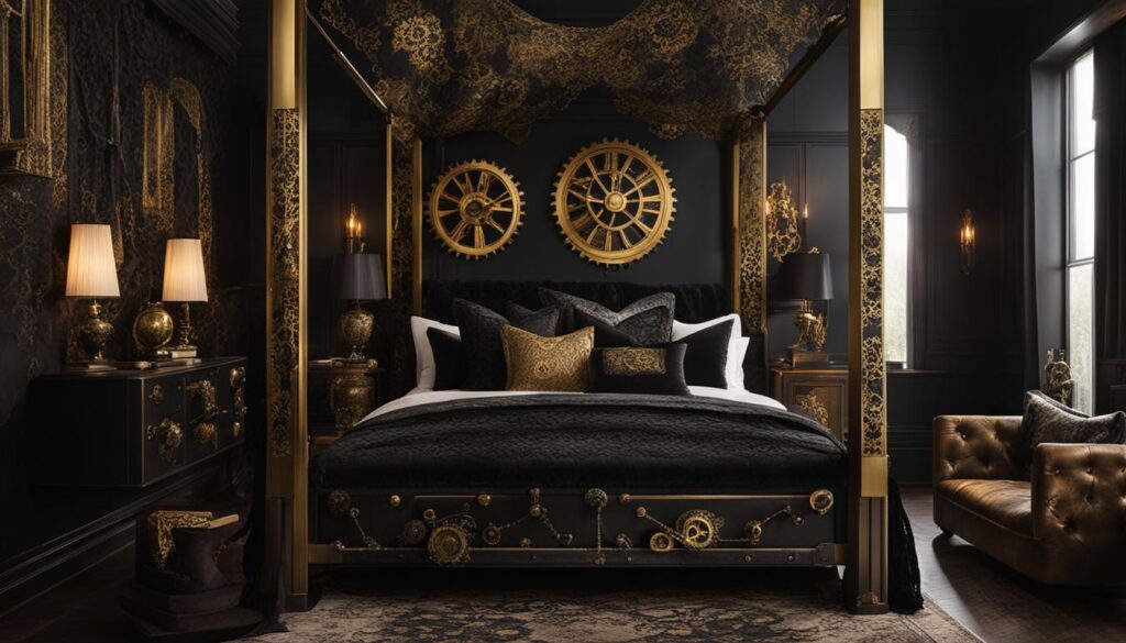 vintage-inspired wall art in a Steampunk bedroom