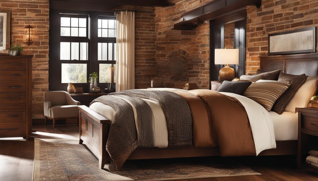 Craftsman bedroom decor with brick and stone