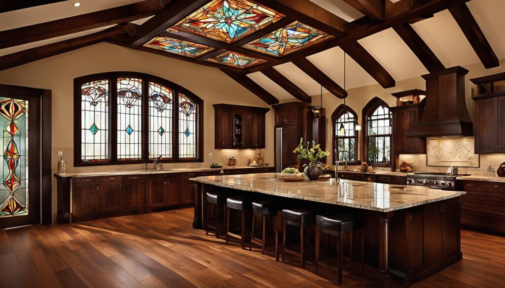 Exposed beams and stained glass