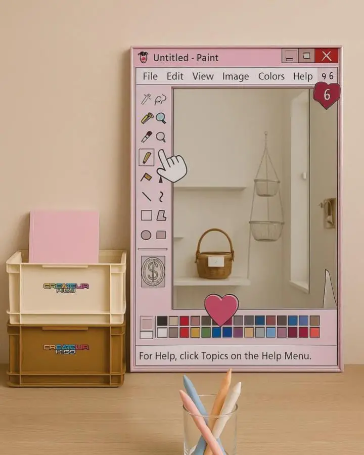 Pink MS Paint interface mirror from Mirrisa. Nostalgic computer-themed wall decor with classic toolbar design.
