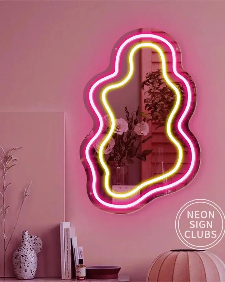 Wavy neon mirror from NeonSignClubs featuring pink and yellow LED lighting for Y2K bedroom decor ideas.