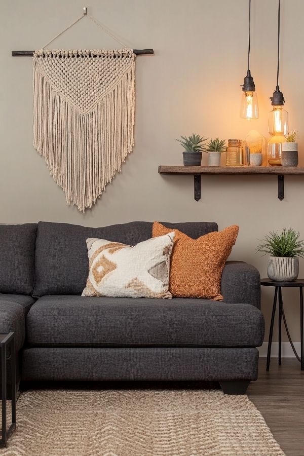 A cozy living room with abstract art above the couch.