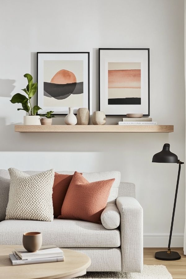 Above the couch decor ideas: Minimalistic shelf with curated modern art pieces.