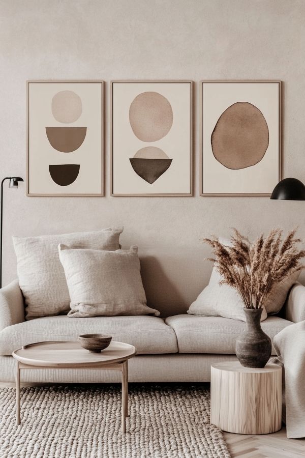 Above the couch decor ideas: Minimalistic painting, floating shelves, greenery, geometric mirror arrangement.