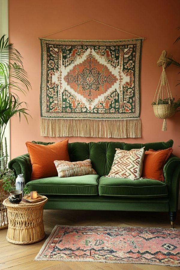 Stylish gallery wall with mixed frames above the modern couch.