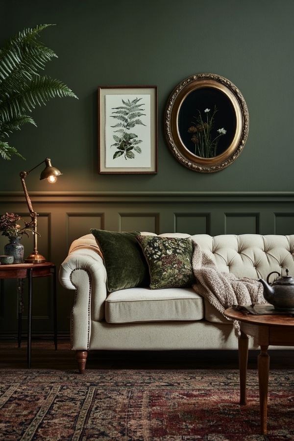 Stylish gallery wall with framed art above neutral-toned couch.