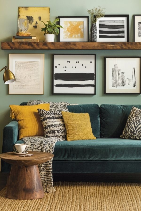 Stylish gallery wall arrangement above the couch with framed art.