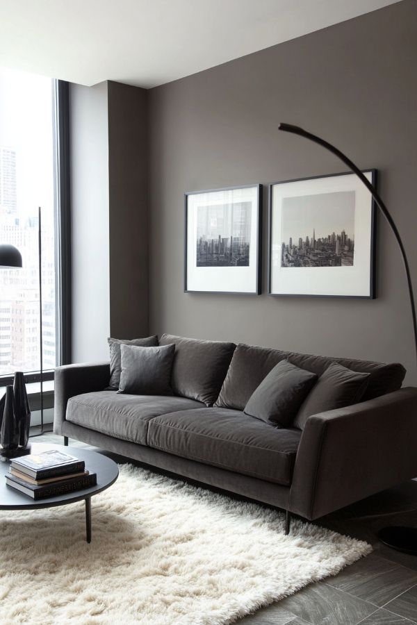 Above the couch decor ideas: Elegant artwork and cozy lighting arrangement.