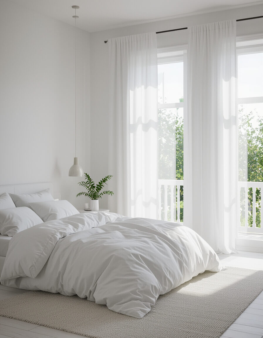 All white minimalist bedroom with natural sunlight filtering through sheer curtains creating peaceful monochrome atmosphere