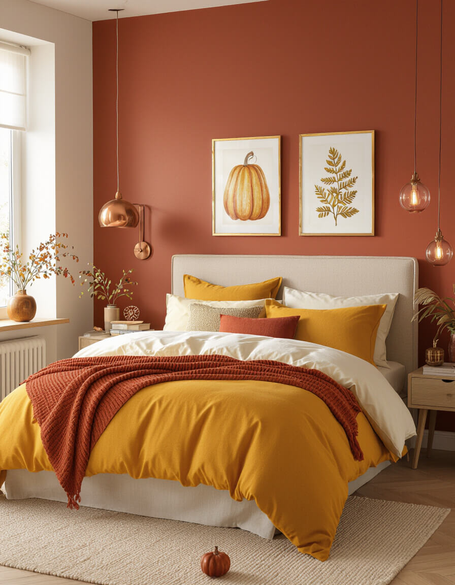 Cozy bedroom featuring warm terracotta walls with golden mustard cream bedding and copper frames showcasing autumn color palette schemes for romantic fall decor