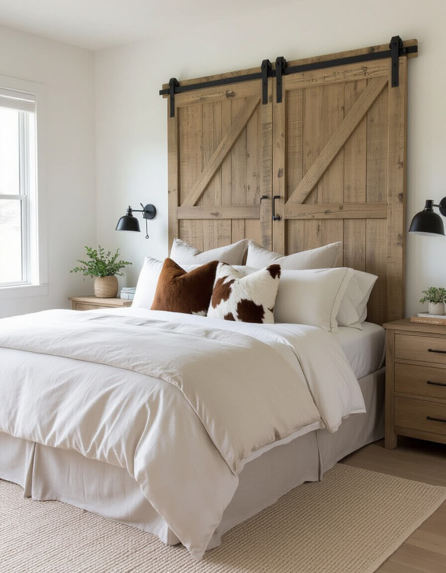 Rustic wooden barn door headboard with weathered finish against white bedroom walls featuring neutral bedding and cowhide pillows in farmhouse style