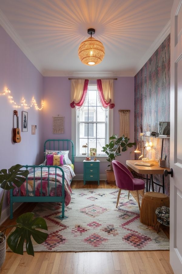 Bedroom ideas for teenage girls with vibrant decor and cozy atmosphere.