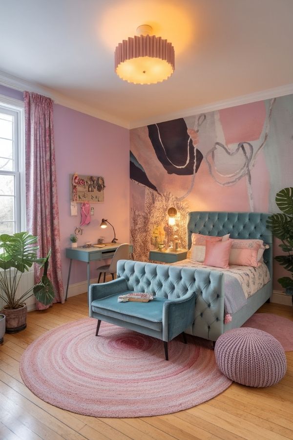 Bedroom ideas for teenage girls: vibrant colors, cozy decor, stylish furniture, artistic walls.