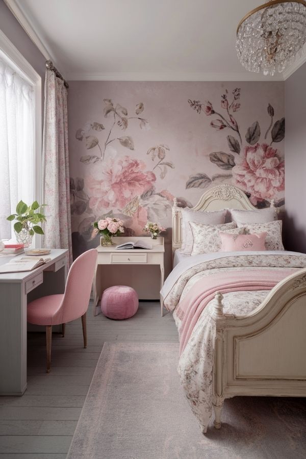 Bedroom ideas for teenage girls: vibrant wall art, cozy reading nook, fairy lights.