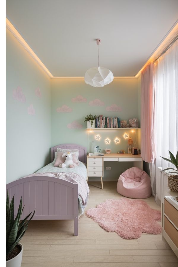 Bedroom ideas for teenage girls: Cozy, vibrant decor with plush bedding, stylish desk.