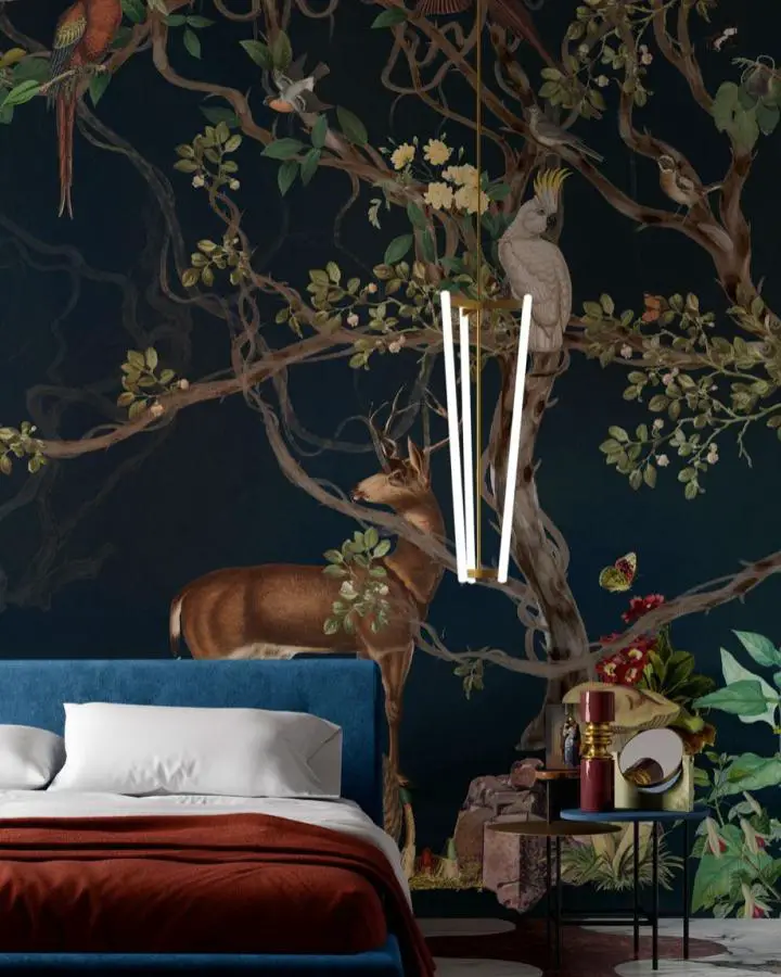 Dark botanical wallpaper featuring exotic animals and lush foliage from @everwallpaper love showcasing bedroom wallpaper ideas with dramatic navy background.