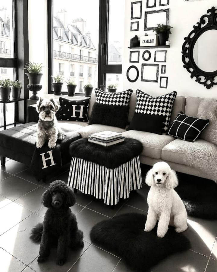 Black and white patterned pillows and fuzzy cushions in a modern living room by @noir4696home with stylish pet accents and graphic wall decor.