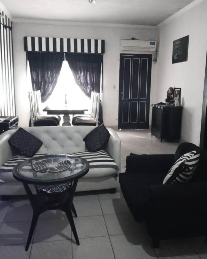 Black and white striped textiles and tufted sofa in a cozy living room setting by @dark.vintage.deco with a mix of modern and vintage elements.