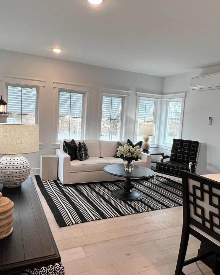 Black and white striped rug with neutral sofa and patterned chair in light-filled living space by @colleengahry.interiordesigner. Fresh, balanced monochrome contrast.