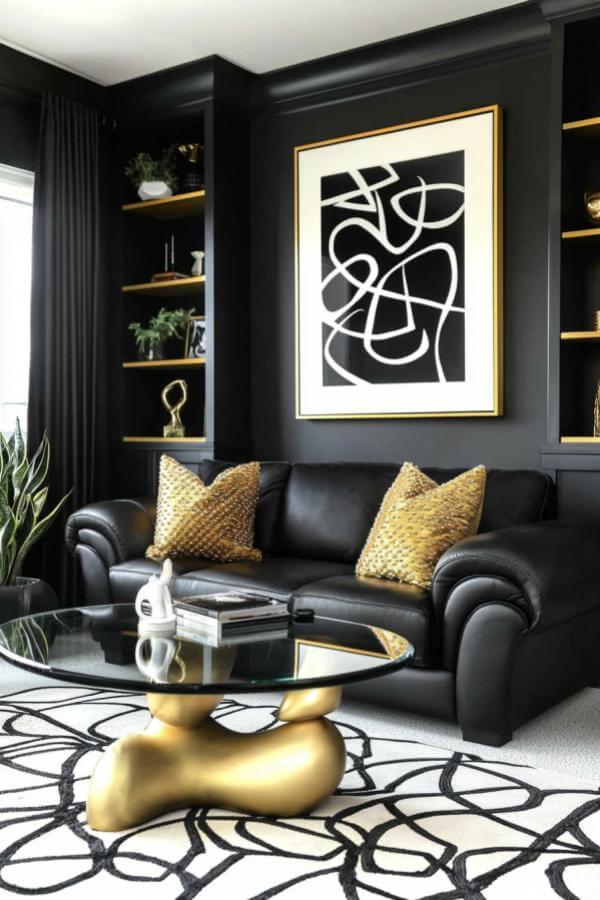 Sculptural elegance in black & gold living room ideas, sophisticated design.