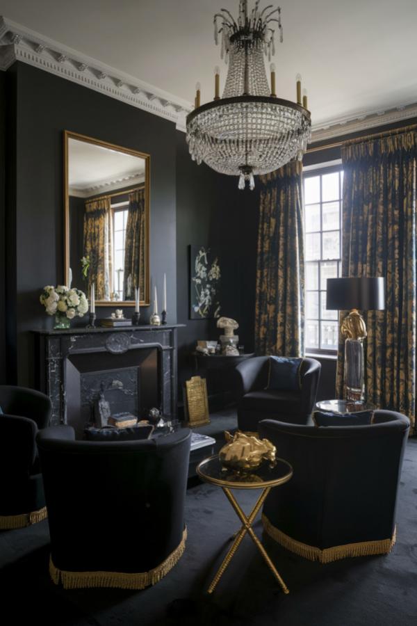 Glamorous chandelier enhances black & gold living room ideas, stunning centerpiece.