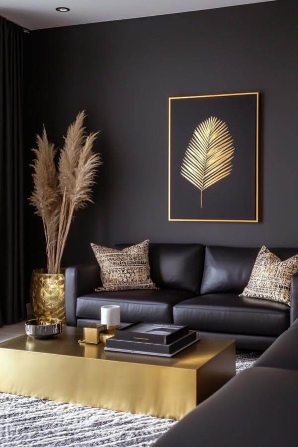 Elegant black & gold living room ideas: Monochrome charm, golden leaves.