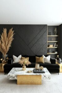 Marble tabletop in motion enhances black & gold living room ideas.