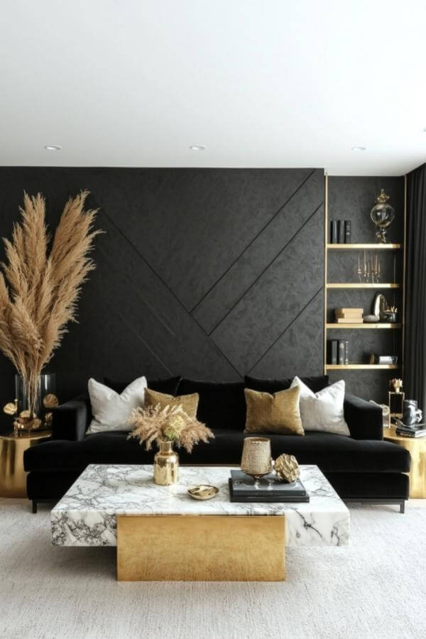 Marble tabletop in motion enhances black & gold living room ideas.