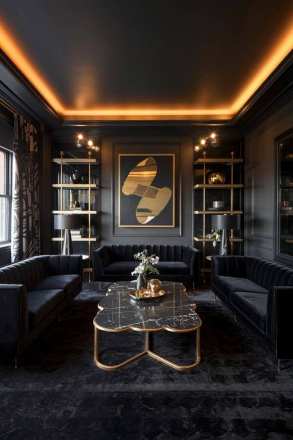 Velvet shadows and golden elegance highlight black & gold living room ideas.