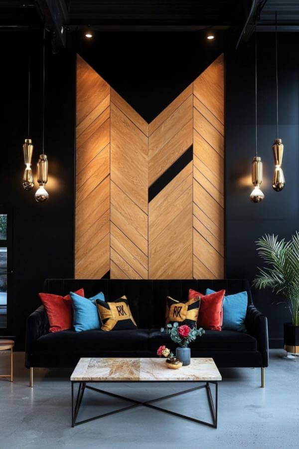 Geometric drama in black & gold living room: stylish decor inspiration; black & gold living room ideas.