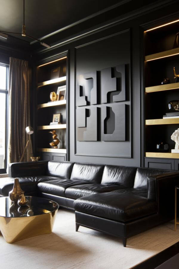 Sculptural elegance and modern opulence in black & gold living room ideas.