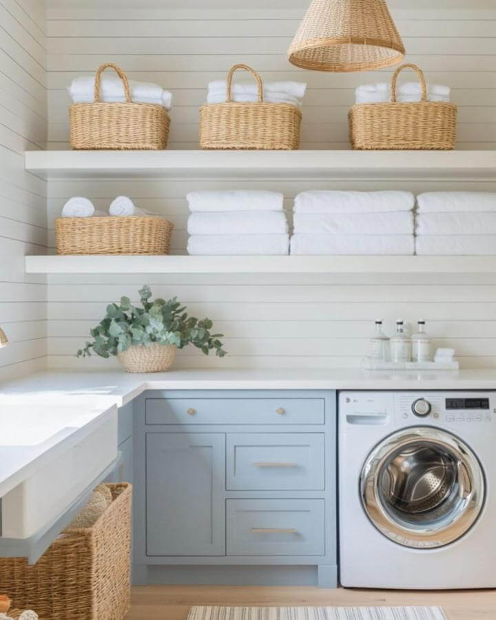 Soft powder blue laundry room cabinets from @interiorsby.carla with natural wicker baskets and white shelving for blue laundry room ideas.