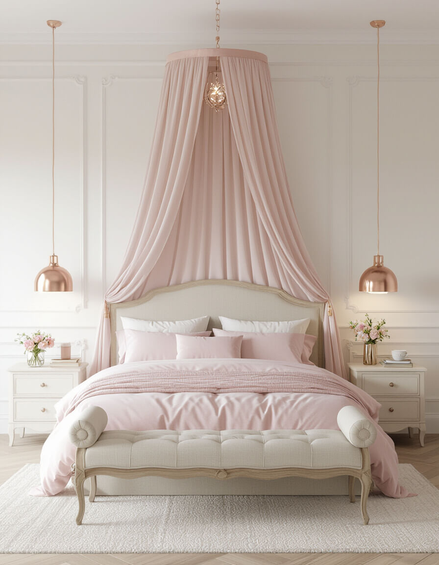 Blush pink canopy bed with flowing fabric drapes in romantic pastel bedroom featuring soft lighting and dreamy feminine decor