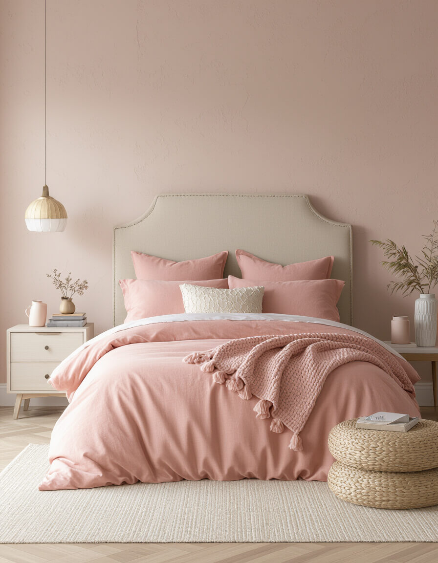 Serene bedroom featuring dusty rose walls and salmon bedding showcasing blush pink romantic haven monochrome design ideas