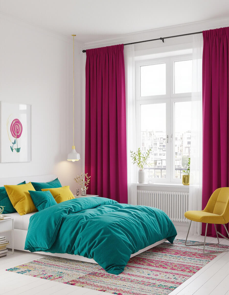 Bright bohemian bedroom featuring white walls with vibrant magenta curtains, teal bedding, and golden yellow accent pillows creating colorful explosion design