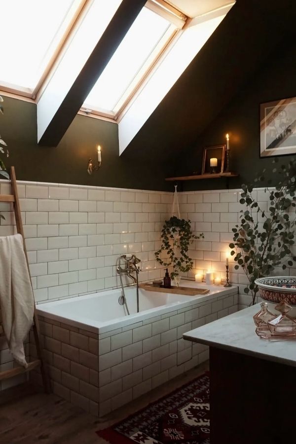 Boho bathroom with lush greenery accents; inspiring boho bathroom ideas.