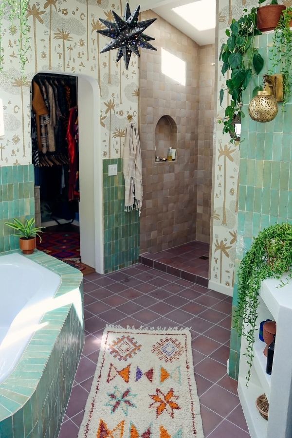 Boho bathroom with star-shaped light, featuring eclectic, natural decor. #bohobathroomideas