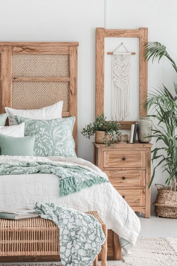 Calm bedroom featuring green accents and rattan elements for tranquility.