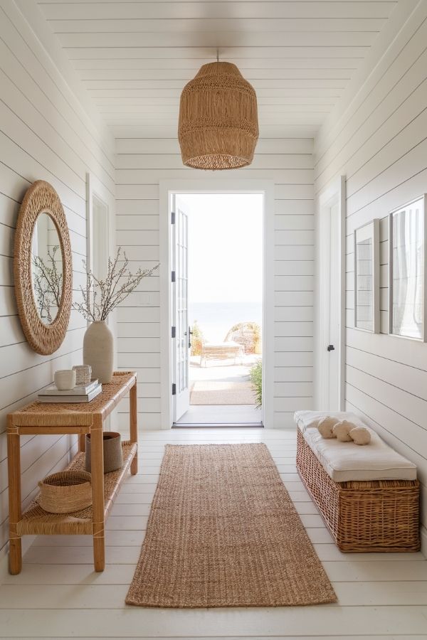 Welcoming entryway featuring natural woven accents and bright, airy atmosphere.