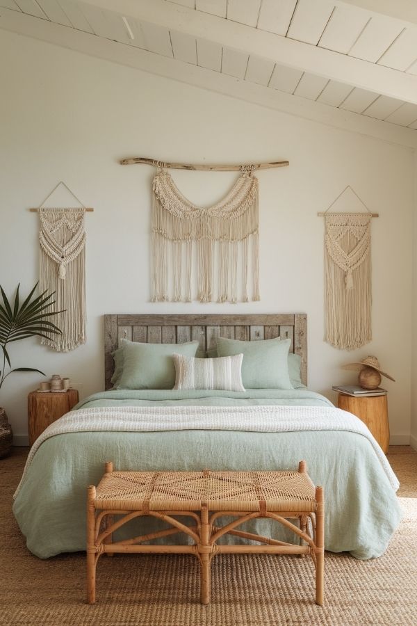 Bohemian bedroom featuring macrame wall hangings and cozy eclectic decor.