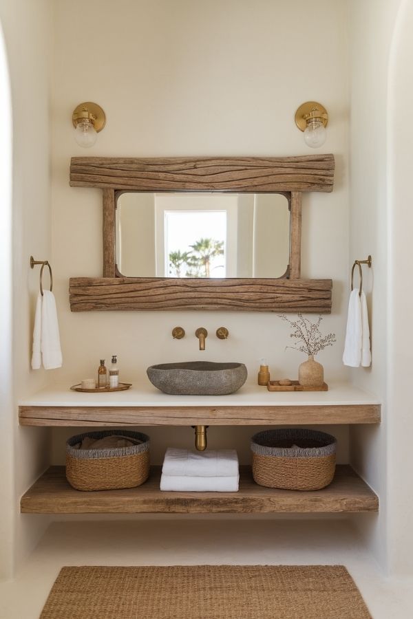 Rustic bathroom featuring a unique driftwood mirror and warm tones.