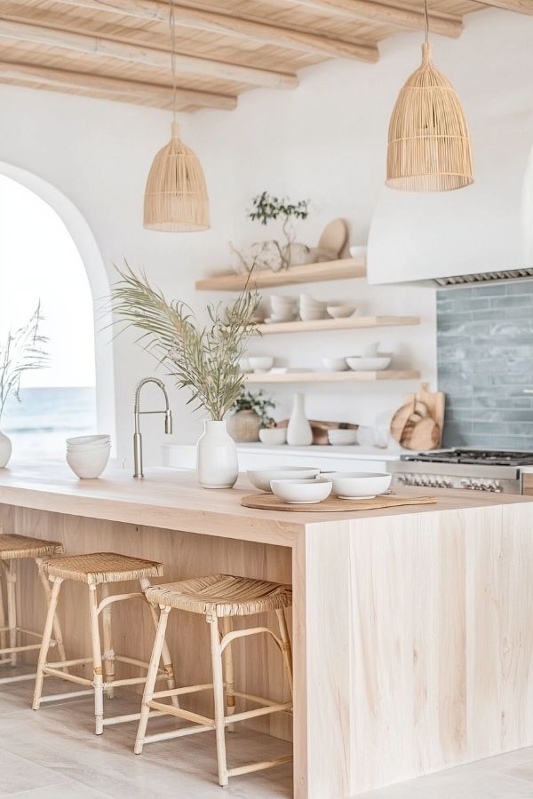 Bright coastal kitchen with sunlight, wood accents, and airy decor.