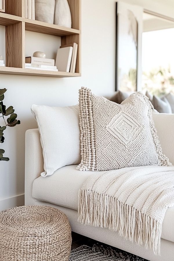 Neutral-toned living room with plush textures, cushions, and ambient lighting.