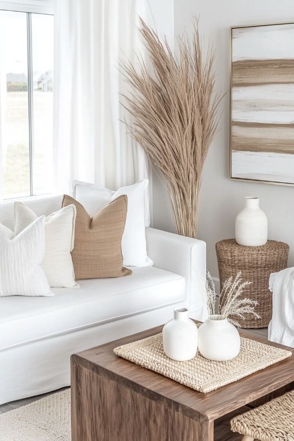 Neutral living room featuring pampas grass decor on white shelves.