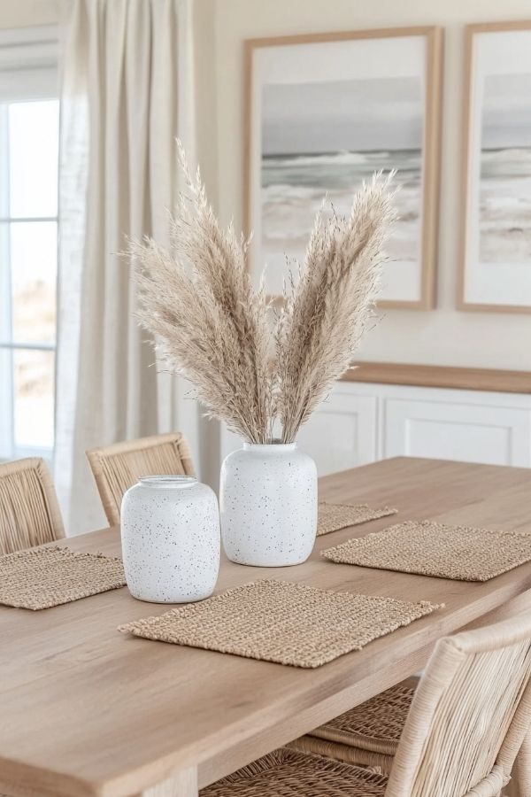 Minimalist dining room featuring coastal artwork, wooden table, and chairs.