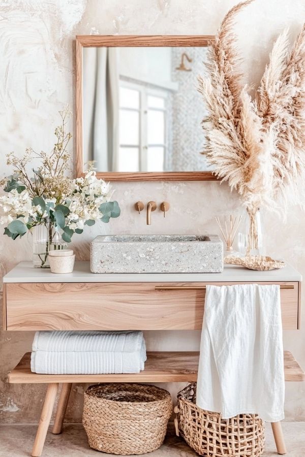 Rustic bathroom featuring pampas grass decor, wooden accents, and vintage elements.