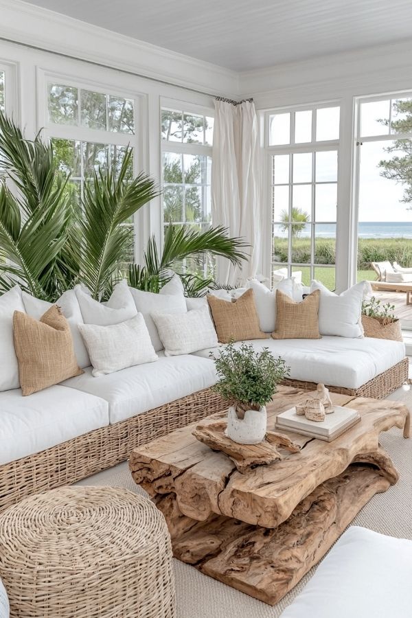 Spacious living room featuring ocean view through large glass windows.