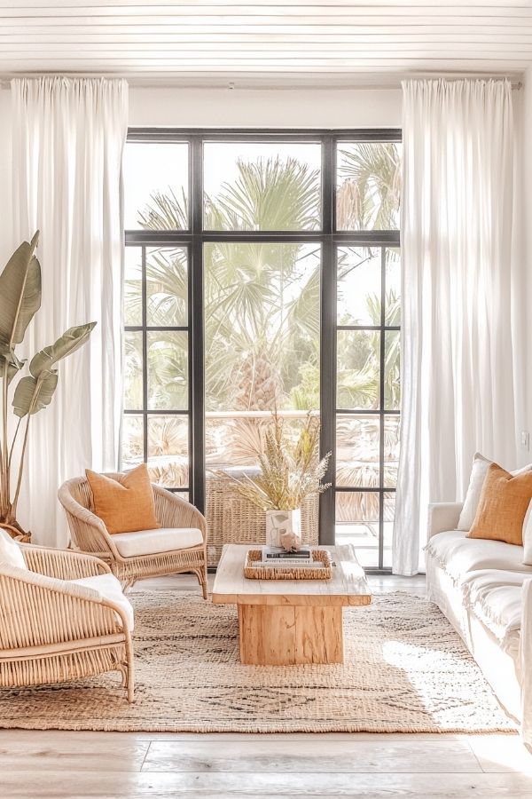 Sunlit room, tropical plants, modern furniture, airy curtains, vibrant decor.